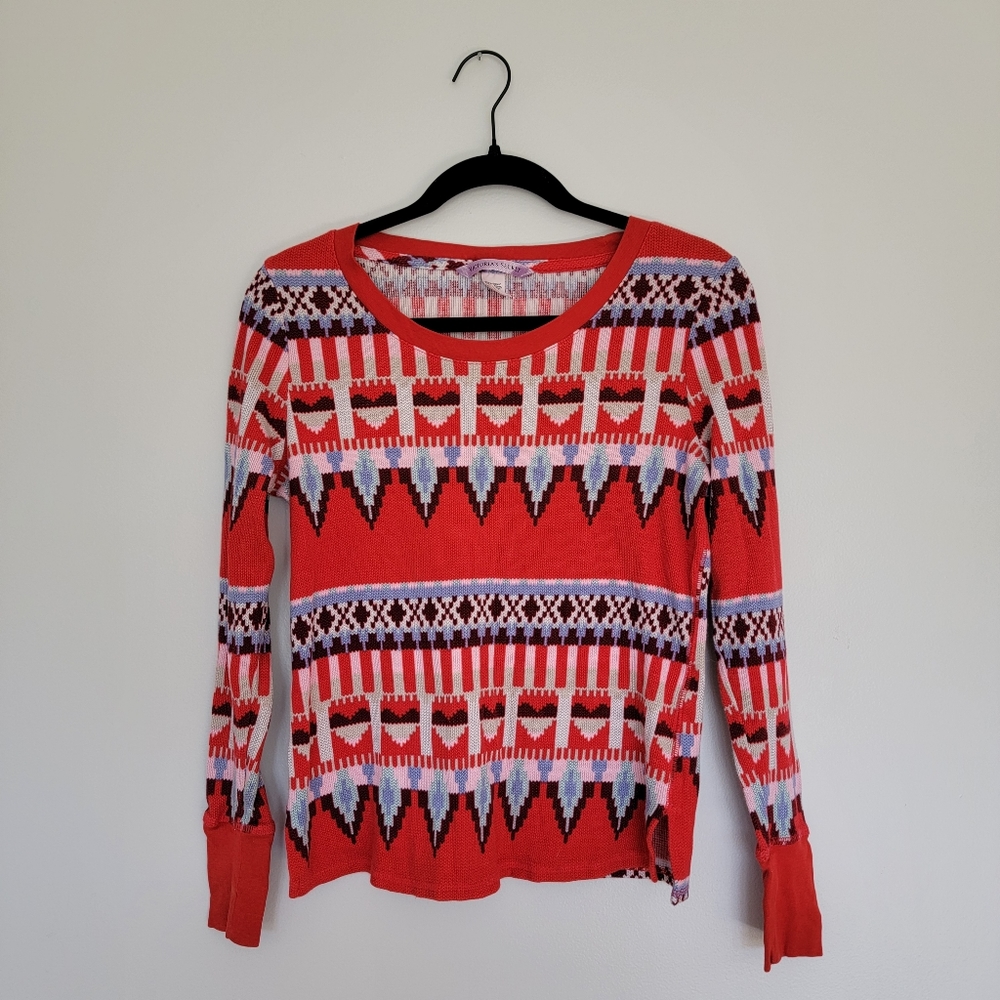 Victoria's Secret Red Fair Isle Thermal Cotton Pink & Red Heart Pajama Top XS - Picture 2 of 6